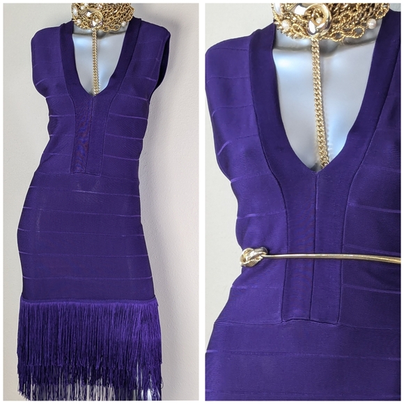 VENUS Bandage Layered Fringe Plunging Neck Sleeveless Cocktail Purple Dress - Picture 9 of 15